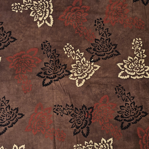 Pure Cotton Ajrak Brown With Red And Cream And Black Flower Design Hand Block Print Fabric