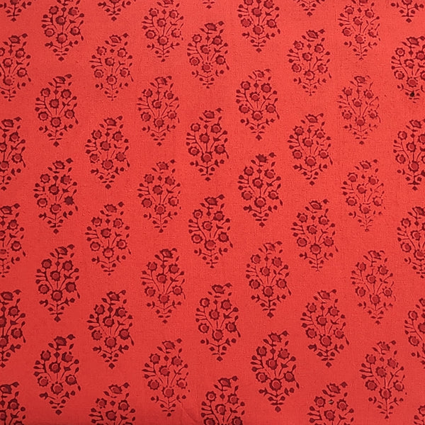 Pure Cotton Gamthi Dark Orange With Maroon Intricate Flower Motif Hand Block Print Fabric