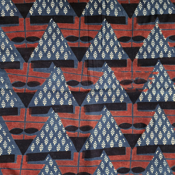 Pure Cotton Ajrak Blue With Red Black Big Triangle Red Hand Block Print Fabric