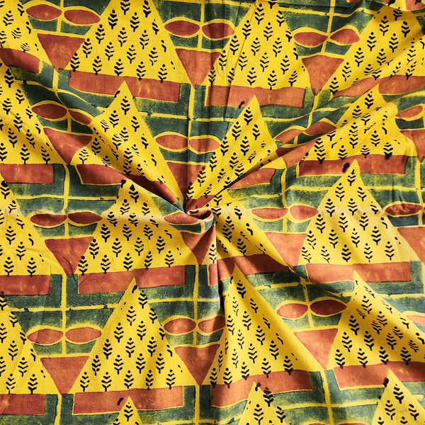 (PRE CUT 2 Meter )Pure Cotton Ajrak Yellow With Rust Green Orange Big Triangle Red Hand Block Print Fabric