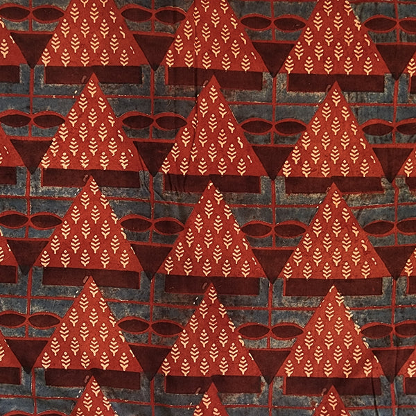 Pure Cotton Ajrak Red With Rust Blue Big Triangle Red Hand Block Print Fabric