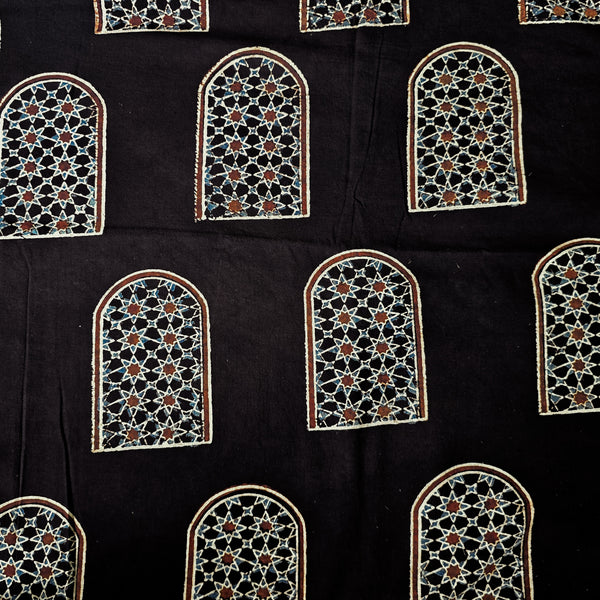 Pure Cotton Ajrak Black With Blue Window Hand Block Print Fabric