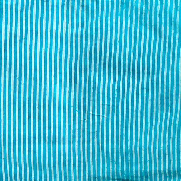 (Pre Cut 1 Meter )Pure Cotton Dabu Off White With Blue Stripes Hand Block Print Fabric