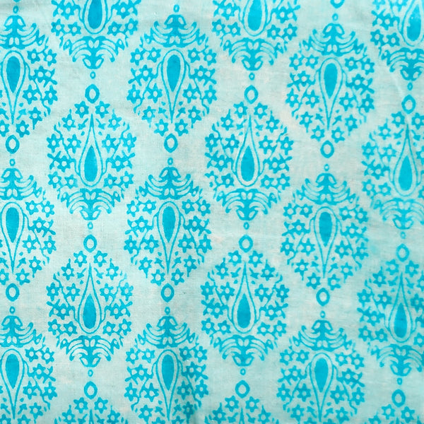 Pure Cotton Dabu Off White With Blue Intricate Design Motif Hand Block Print Fabric