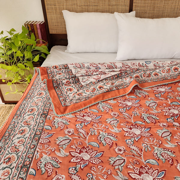 LAZY AFTERNOONS - Pure Mul Cotton Hand Block Printed Reversible Dohar Blanket With Cotton Flannel Filling