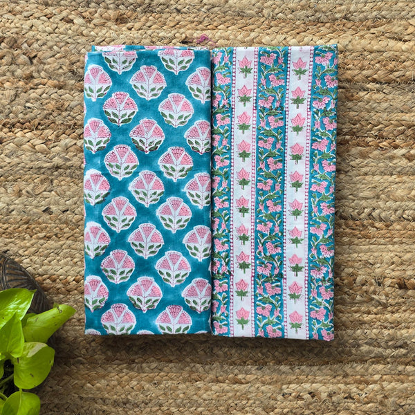 Top Bottom Combo Pure Cotton Jaipuri Blue With Small Pink Flower Top Fabric And White With Blue And Pink Flower Border Stripes Bottom Fabric (2.5 Meters Each)