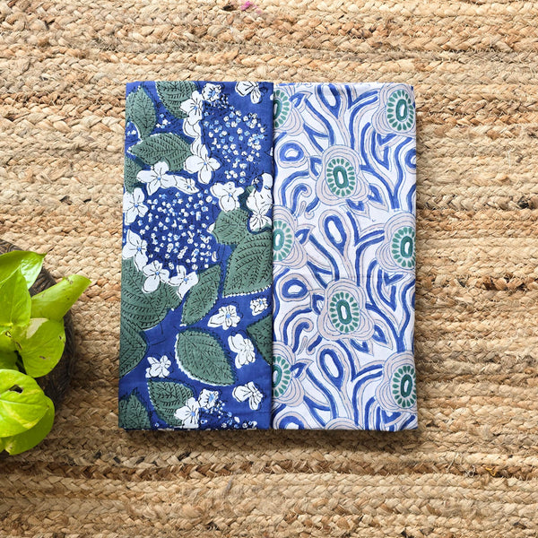 Top Bottom Combo Pure Cotton Jaipuri Dark Blue With Green Leaves And With White Flower Top Fabric And White With Blue And Green Jungle Flower Jaal Bottom Fabric (2.5 Meters Each)