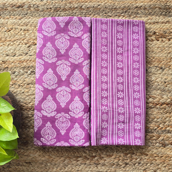 Top Bottom Combo Pure Cotton Dabu Purple With Off White Up And Down Motifs Top Fabric And Purple With White Flowers And Stripes Bottom Fabric (2.5 Meters Each)