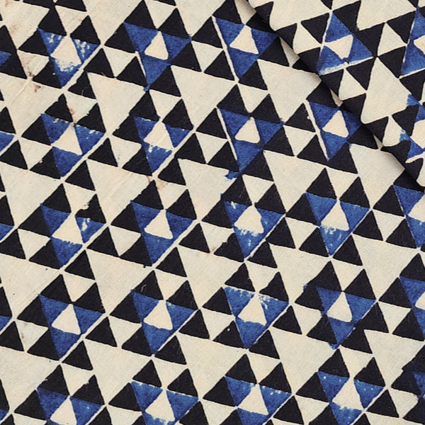 Pure Cotton Ajarak Cream With  Blue And Black Tiny Triangle Hand Block Print Fabric