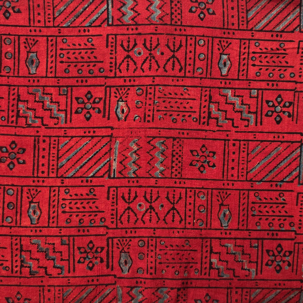 Pure Cotton Ajrak Red With Grey Intricate Design In The Square Hand Block Print Fabric