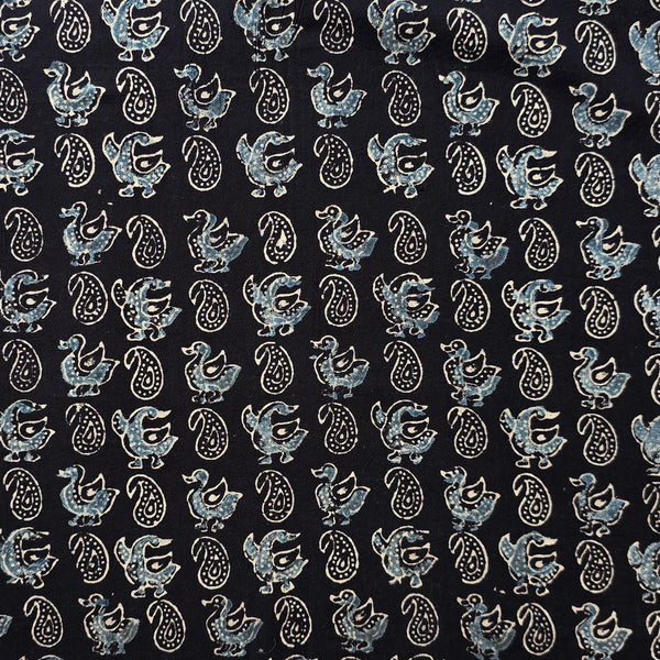 Pure Cotton Ajarak black with Grey Motif Bird Design Hand Block Print Fabric