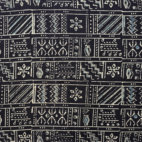 Pure Cotton Ajrak Black With Rust  Grey Intricate Design In Square Hand Block Print Fabric