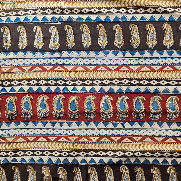 Pure Cotton Kalamkari Mustard And Rust Blue Kairi Design Border Hand Block Print Fabric