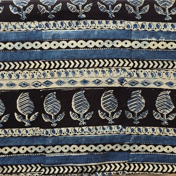 Pure Cotton Kalamkari Black With Cream And Rust Blue Mango Design Border Hand Block Print Fabric