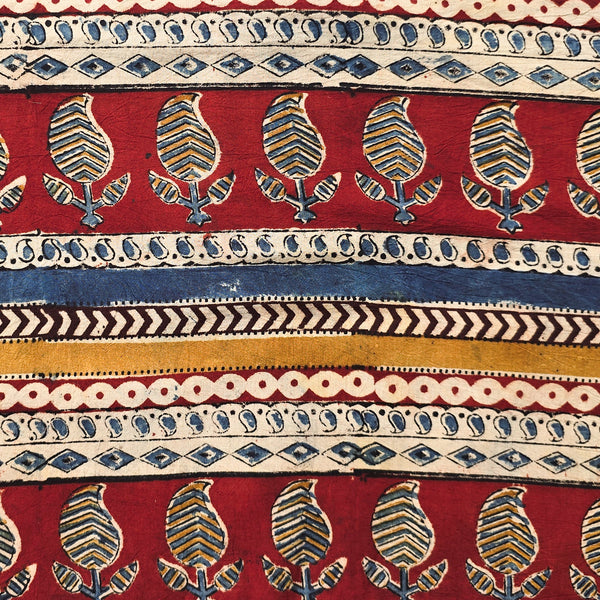 Pure Cotton Kalamkari Red With Mustard And Rust Blue Mango Design Border Hand Block Print Fabric