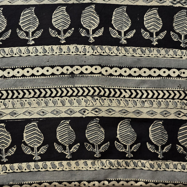 Pure Cotton Kalamkari Black With Cream And Grey Mango Design Border Hand Block Print Fabric