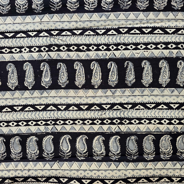 Pure Cotton Kalamkari Black With Grey And Cream Kairi Design Border Hand Block Print Fabric