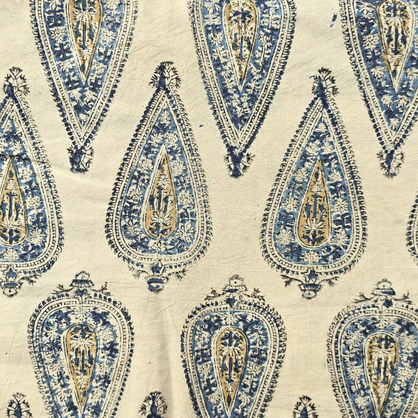 Pure Cotton Soft Kalamkari Off White With Light Mustard And Blue Intricate Design Motif Hand Block Print Fabric