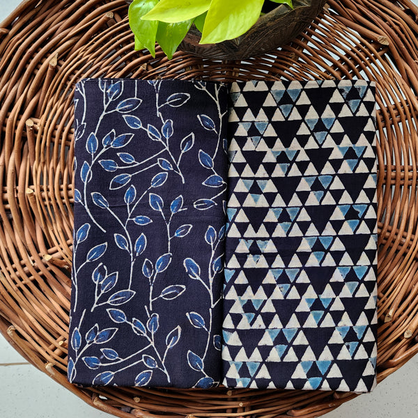 Top Bottom Combo Pure Cotton Ajarak Fabric Black With Rust Blue And Cream leaves jaal Design Top Cream With Rust Blue Tiny Triangle Design Bottom Fabric (2.5 Meters Each)