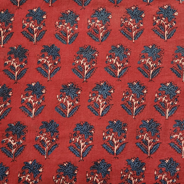 Pure Cotton Gad Ajrak Red With Blue  Plant Motif Hand Block Print Fabric