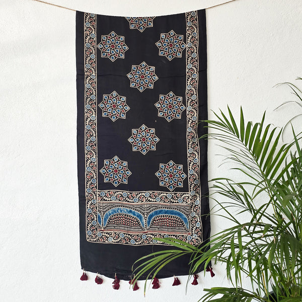 Modal Silk Ajrak Rust Black With Blue Mandal Design Border Stole