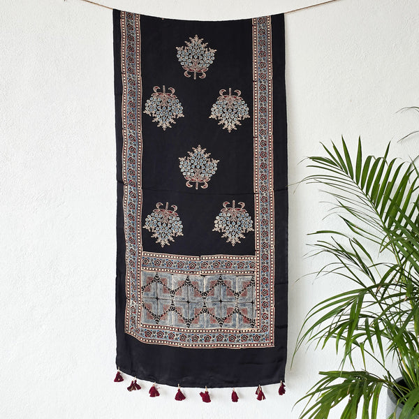 Modal Silk Ajrak Rust Black With Blue Flower Design Border Stole