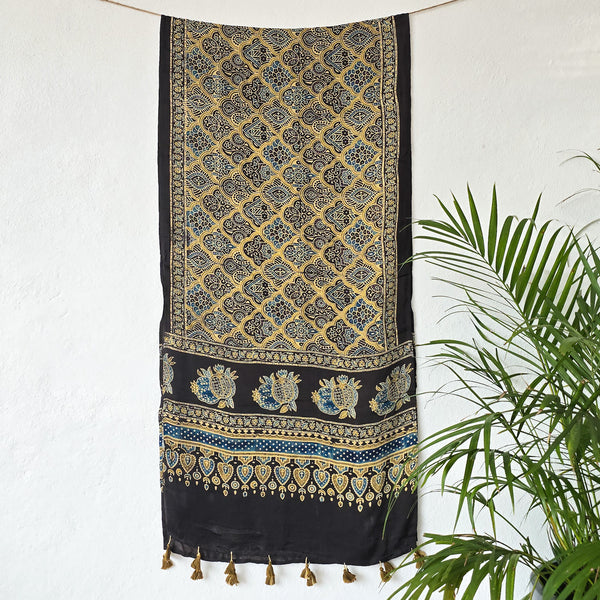 Modal Silk Ajrak Black With Green Intricate Design And Fruit  Border Design Stole