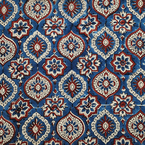 ( Pre-Cut 1.25 Meter ) Pure Cotton Gad Ajrak Blue With Cream And Red  Intricate Design Hand Block Print Fabric