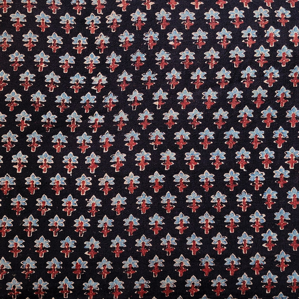 Pure Cotton Gad Ajrak Black With Blue And Red Tiny Flower Hand Block Print