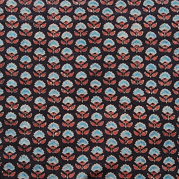 Pure Cotton Gad Ajrak Black With Blue And Red Tiny Flower Modif Hand Block Print