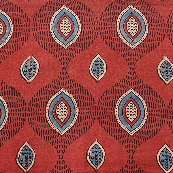 Pure Cotton Gad Ajrak Rust Red With Cream And Blue Avocado Design Hand Block Print Fabric