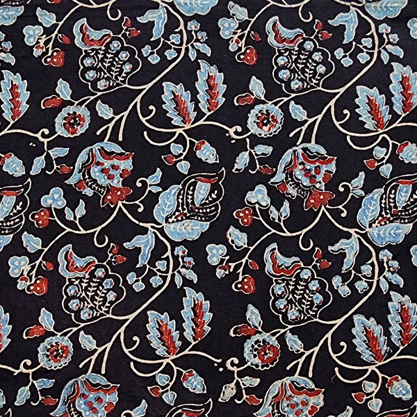 Pure Cotton Gad Ajrak Black With Blue And Red Flower Jaal Hand Block Print