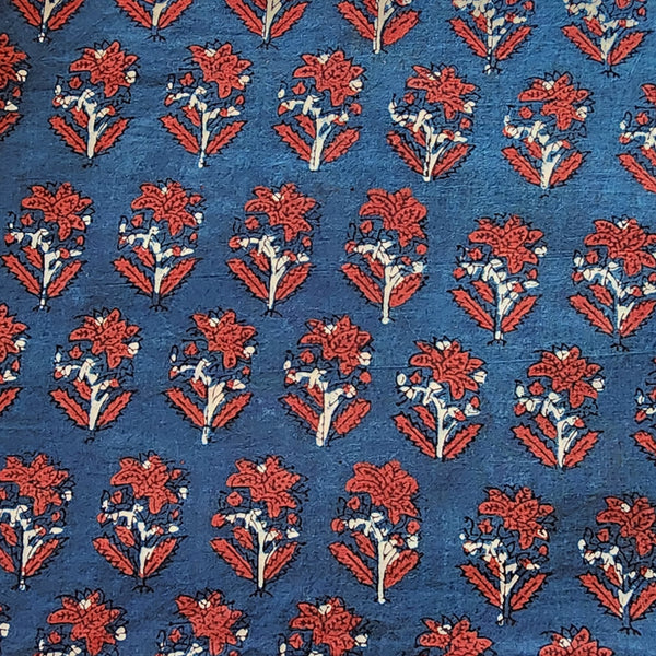 Pure Cotton Gad Ajrak Blue With Red Plant Motif Hand Block Print Fabric