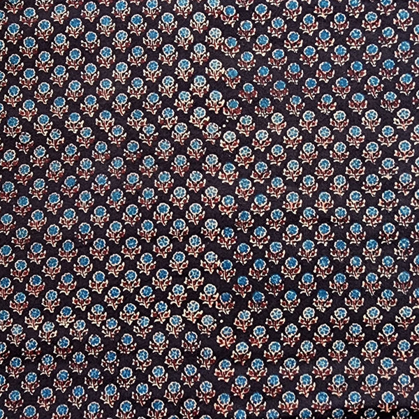 Pure Cotton Gad Ajrak Black With Blue Flower Motif Hand Block Print Fabric