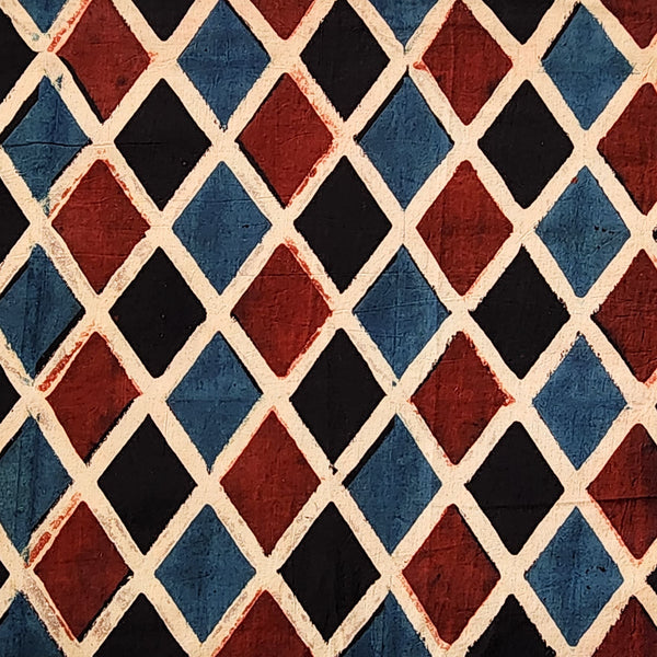 Pure Cotton Gad Ajrak Cream With Red Blue And Black Diamond Hand Block Print Fabric