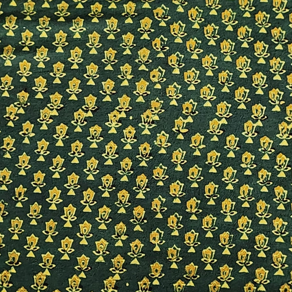 Pure Cotton Gad Ajrak Green With Yellow Tiny Flower Hand Block Print