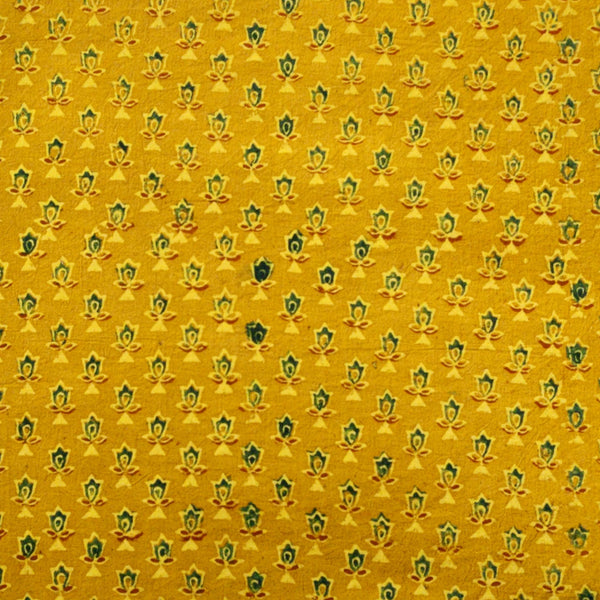 Pure Cotton Gad Ajrak Turmeric Yellow With Green Tiny Flower Hand Block Print