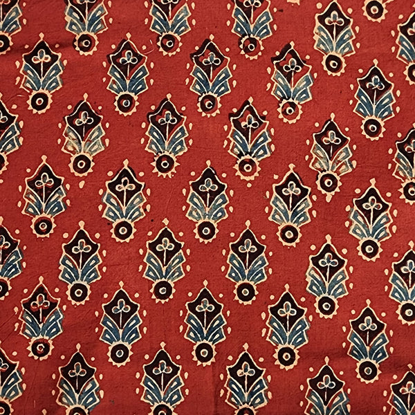 Pure Cotton Gad Ajrak Rust Red With Blue Intricate Modif Hand Block Print