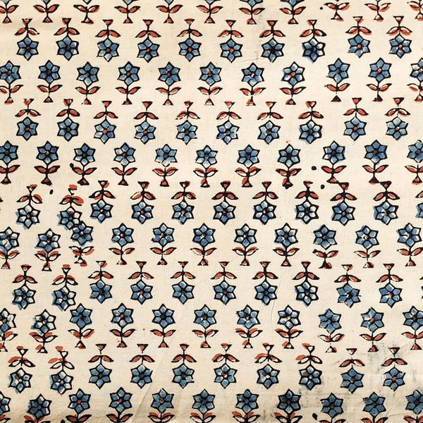 Pure Cotton Gad Ajrak Cream With Blue And Red Tiny Motif Hand Block Print