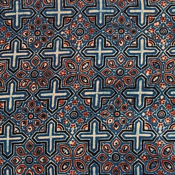 Pure Cotton Gad Ajrak Red With Blue Intricate Design Hand Block Print Fabric