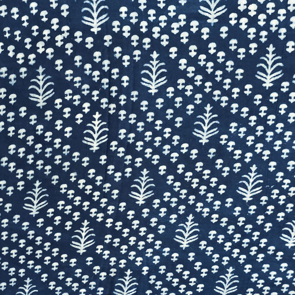 Pure Cotton Indigo With White Muashroom Hand Block Print Fabric