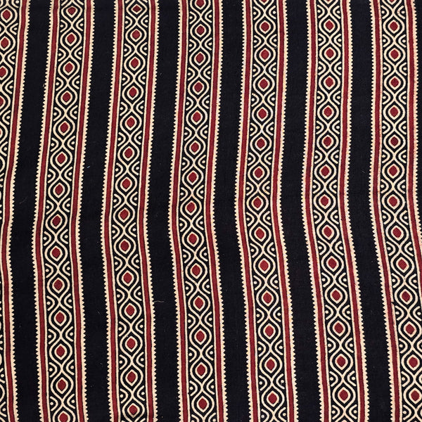 Pure Cotton Vegetable Dyed Ajrak Black With Cream And Red Intricate Border Stripes Hand Block Print Fabric