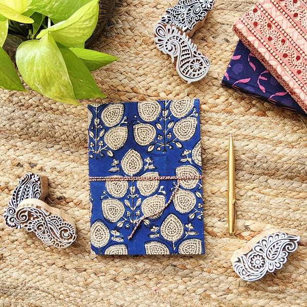 Handmade Upcycled Dabu Blue With Cream Leaves Motif Bahi Diary A5