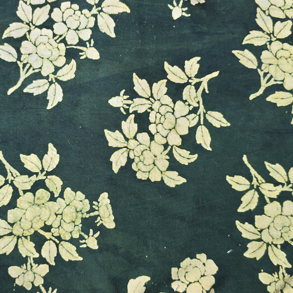 Pure Cotton  Dabu Dark Green With Cream Plant Motif Hand Block Print Fabric