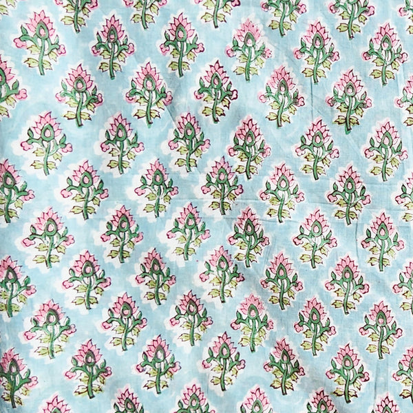 Pure Cotton Jaipuri Light Blue With Pink And Green Plant Motif Hand Block Print Fabric