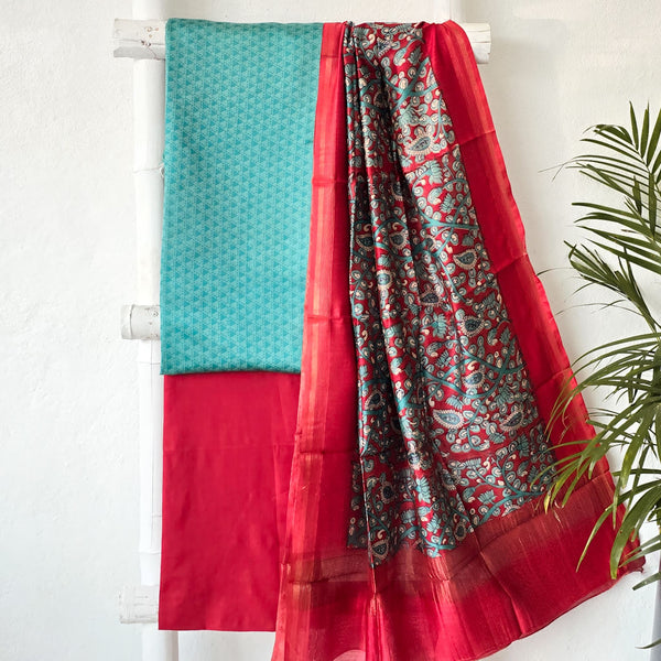 HARINI - Pure Cotton Teal Green  With Red Mul Chanderi Set