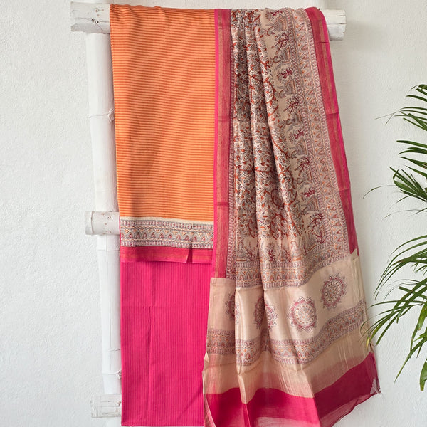 HARINI - Pure Cotton Orange With Dark Peach  Mul Chanderi Set