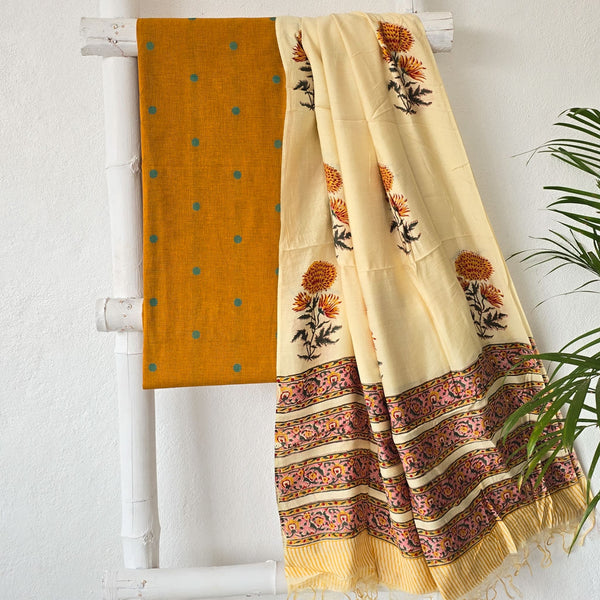 NAYANTARA - Pure Cotton Handloom Musterd With Cream Suit