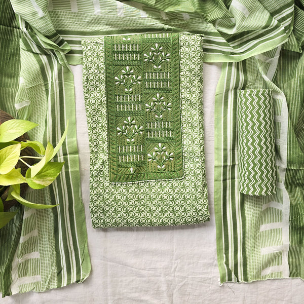 DIYA - Pure Cotton  Green with Embroieded nack Suit