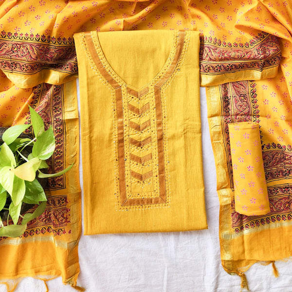 BHAVYA-Pure Cotton Yellow With Yoke Suit